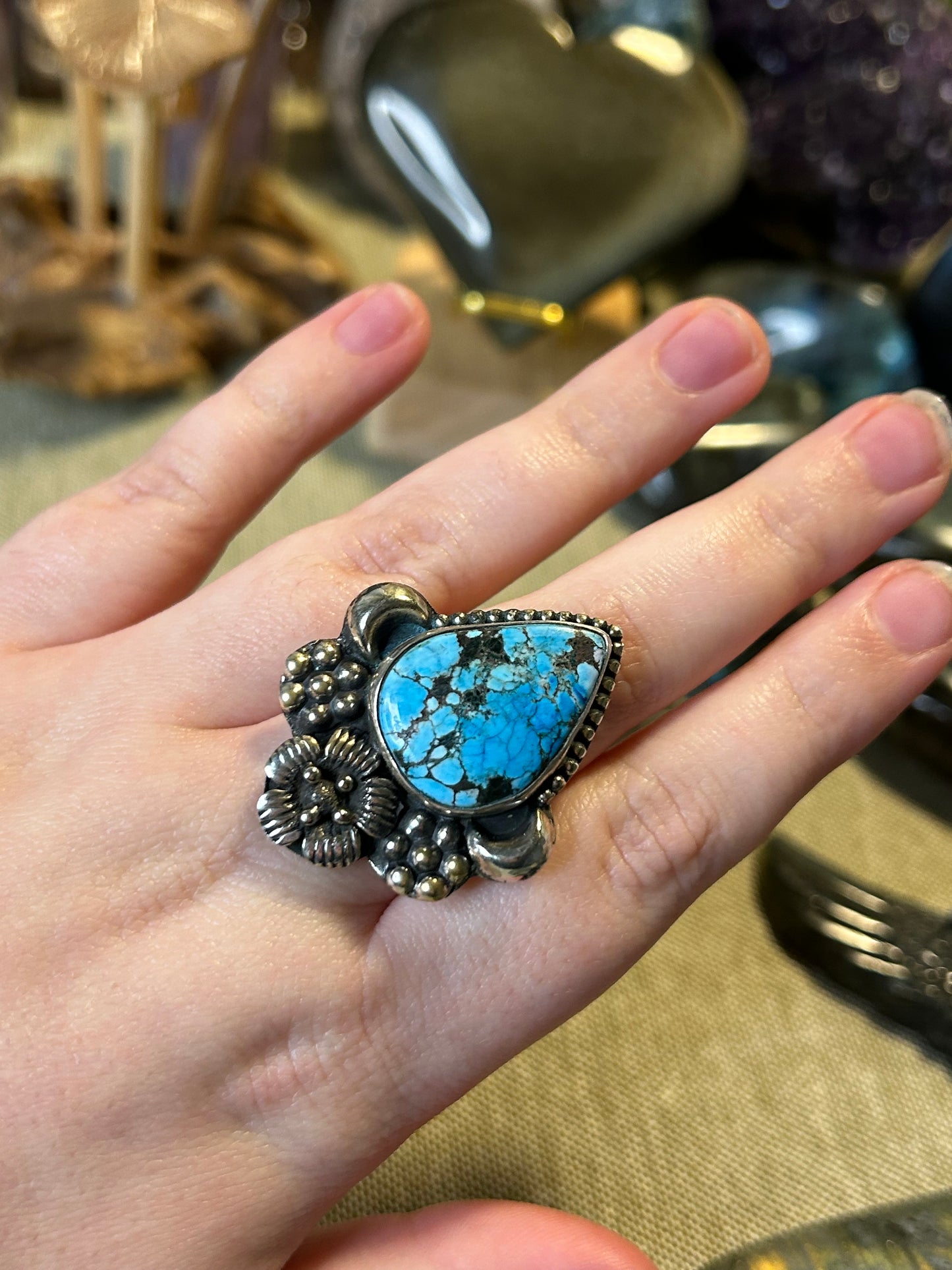 Turquoise Flower & Moon Ring (S7)